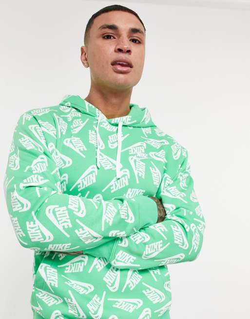 Nike Sport Essentials All Over Logo Print Fleece Hoodie In Green, Nike  Hoodie With Nike All Over