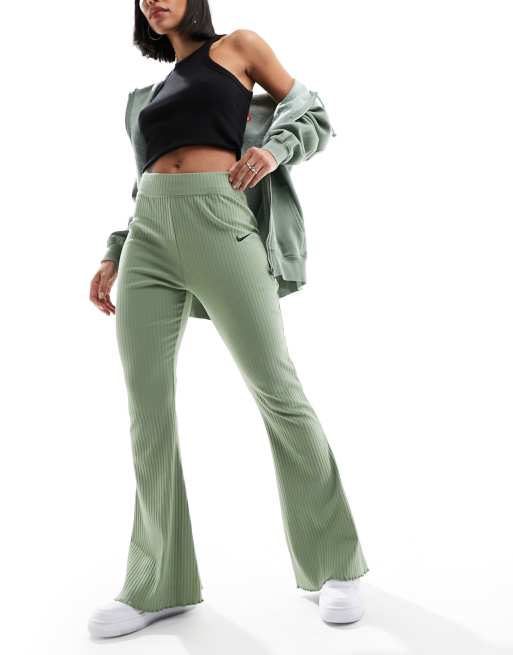 Women's Green Jersey Rib Flared Pants