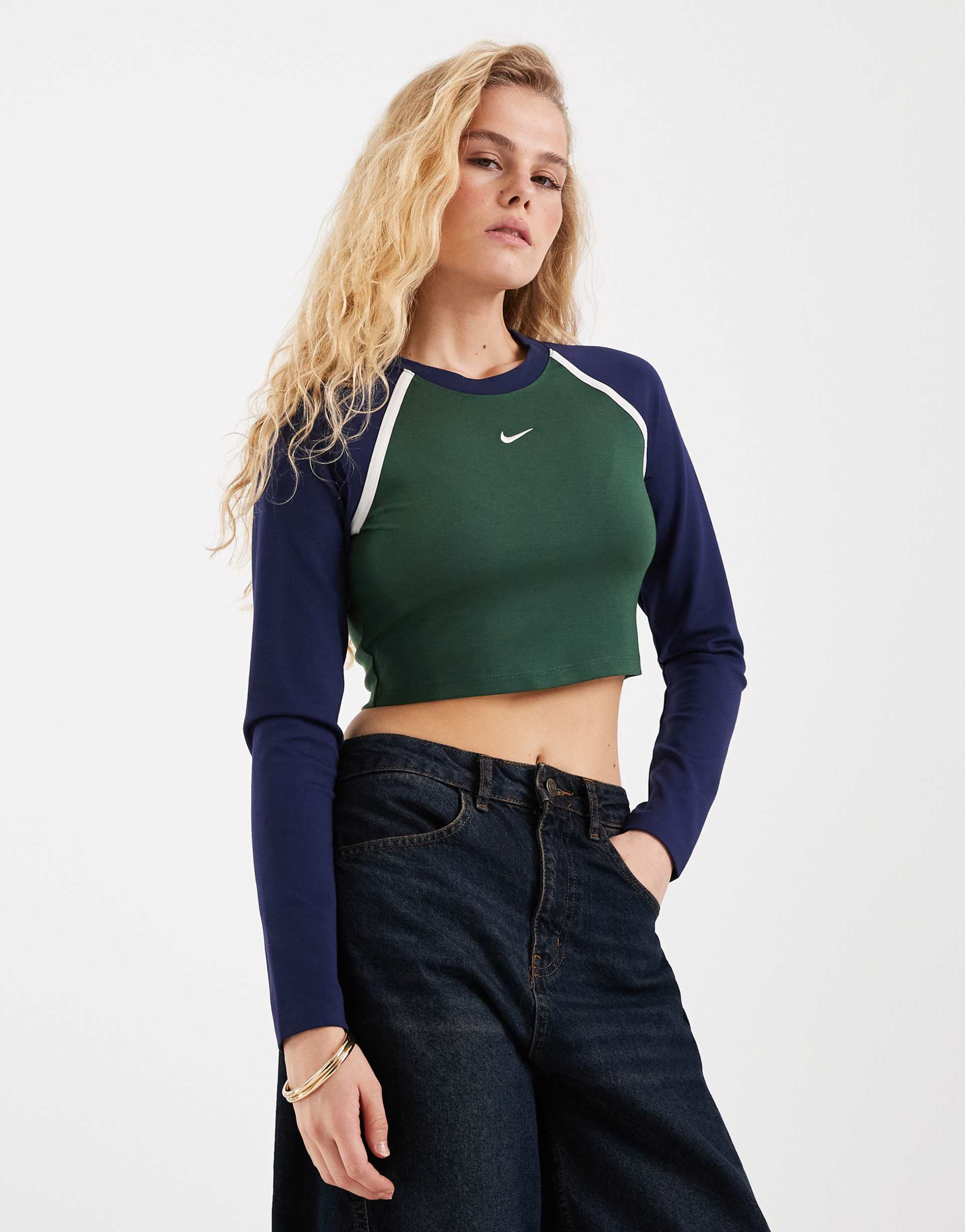 nike street cropped long sleeve top in blue and green