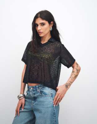 Street - Polo-Trikotshirt aus Spitze in Schwarz und Weiß Schwarz XL