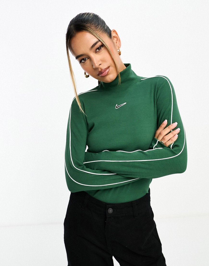 Nike Streetwear mock neck long sleeve t-shirt in dark green and white