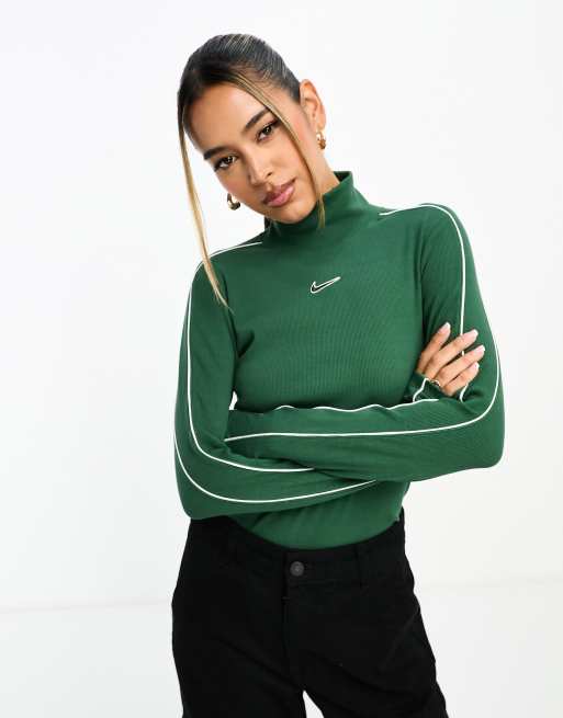 Nike Streetwear mock neck long sleeve t shirt in dark green and white