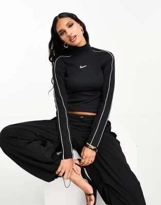 売れ筋商品|||ナイキ Tシャツ レディース トップス MOCK - Long sleeved top - black/white Nike Streetwear Mocks neck long sleeve t-shirt in white and