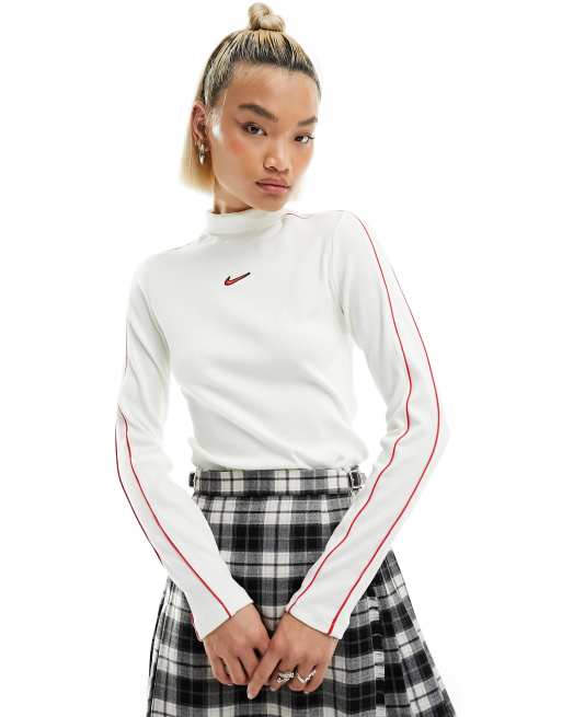 Nike - Streetwear - T-shirt met opstaande boord en lange mouwen in gebroken wit en rood