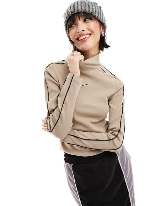 Nike - Streetwear - Top met lange mouwen en opstaande kraag in beige en zwart
