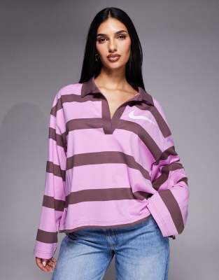 Nike Striped Long Sleeve Polo Top In Purple