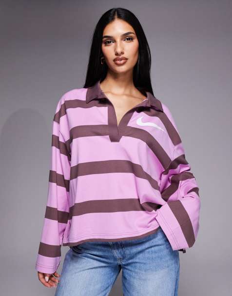 Nike Striped longsleeve polo top in brown and pink