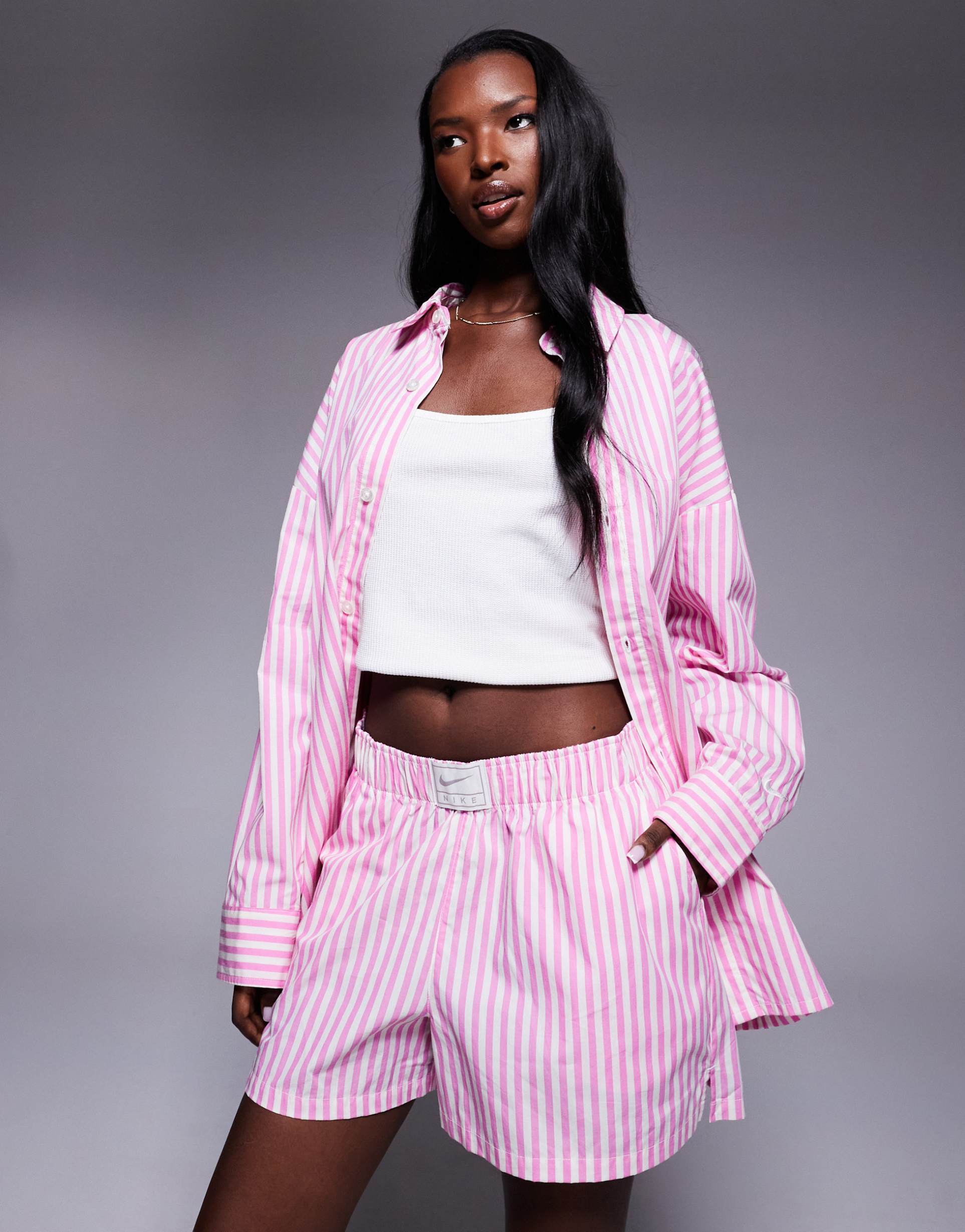 nike striped poplin shirt in pink