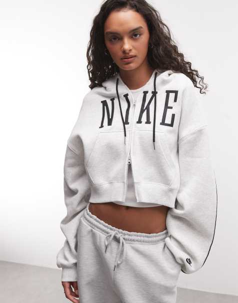 Nike Studio Fleece felpa con cappuccio oversize corta con zip e logo, di peso medio, grigia - view 1
