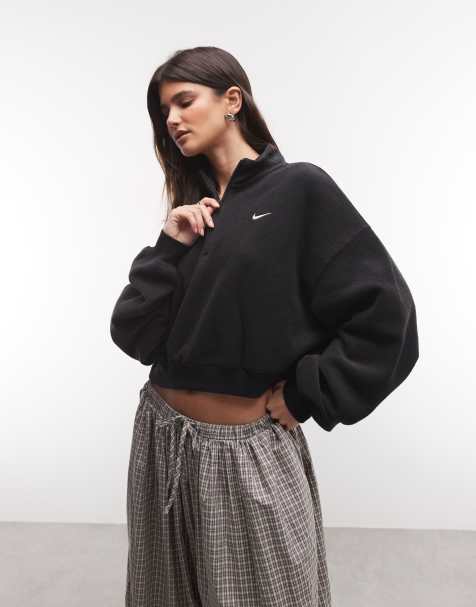 Nike Studio Fleece fleece quarter zip oversized cropped sweat in black - view 1