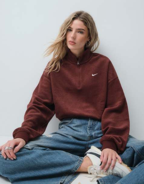 Nike Studio Fleece fleece quarter zip oversized cropped sweat in burgundy - view 1
