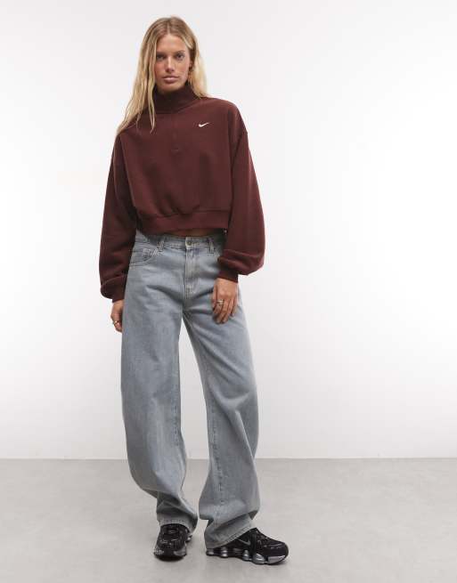 Nike Studio Fleece fleece quarter zip oversized cropped sweat in burgundy, 2 of 4