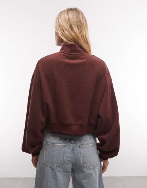 Nike Studio Fleece fleece quarter zip oversized cropped sweat in burgundy, 4 of 4