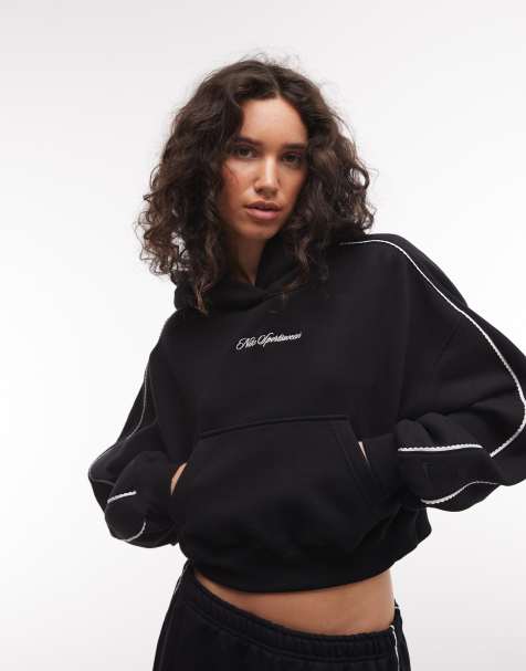 Nike Studio fleece mellemtung cropped hættetrøje med scallop-kant og for i sort - view 1