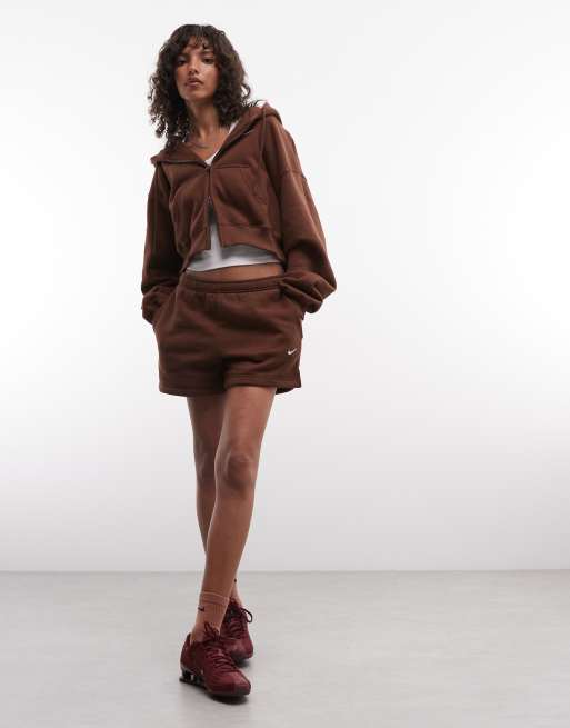 Nike Studio Fleece mellemtung oversized cropped hættetrøje med lynlås i brun, 2 af 4