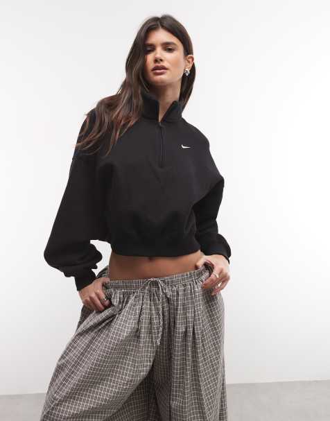 Nike Studio fleece mellemtung sweatshirt med kvart lynlås, oversized og cropped, i sort - view 1
