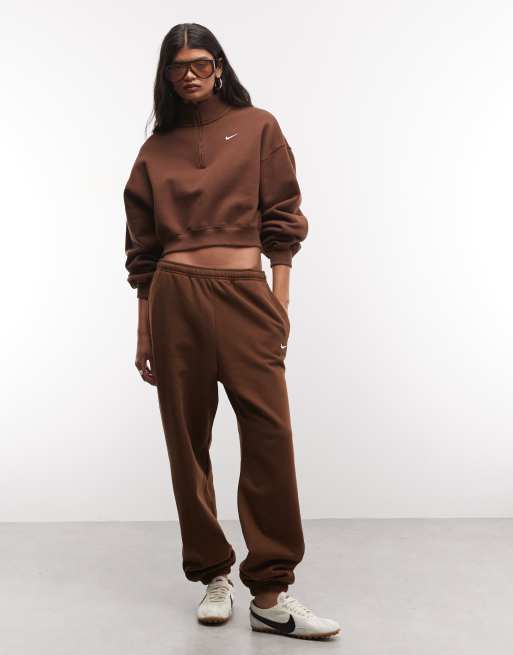 Nike Studio Fleece mid-weight oversized cropped quarter zip sweat in brown, 2 of 4