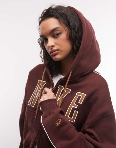 Nike Studio Fleece mid-weight oversized cropped zip-through logo hoodie in burgundy - view 1