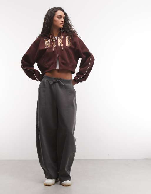 Nike Studio Fleece mid-weight oversized cropped zip-through logo hoodie in burgundy, 4 of 4