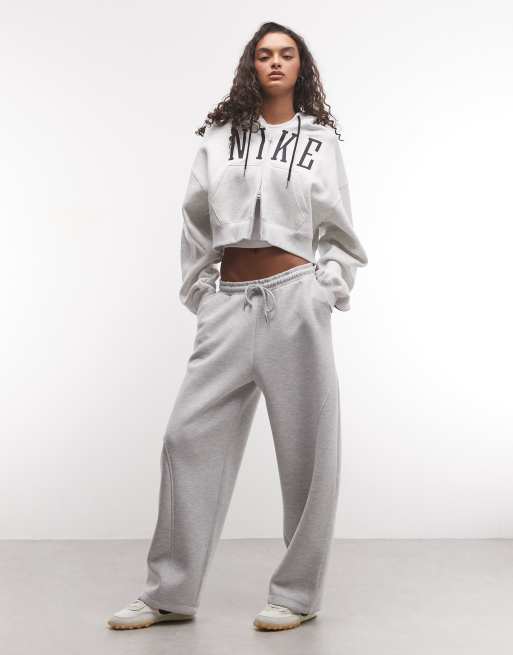 Nike Studio Fleece mid-weight oversized cropped zip-through logo hoodie in grey , 2 of 4