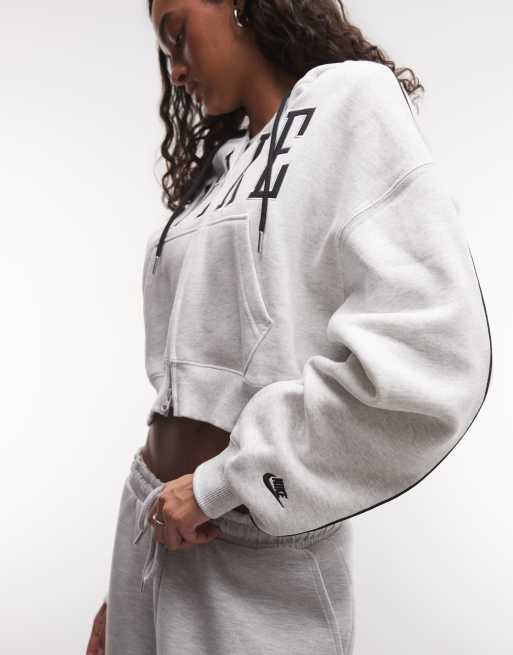 Nike Studio Fleece mid-weight oversized cropped zip-through logo hoodie in grey , 3 of 4