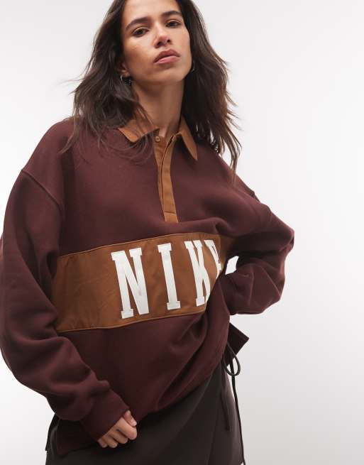 Nike Studio Fleece mid-weight oversized rugby sweat in brown, 3 of 4
