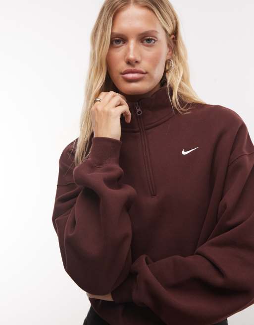 Nike Studio Fleece mid-weight quarter zip oversized cropped sweat in burgundy, 3 of 4