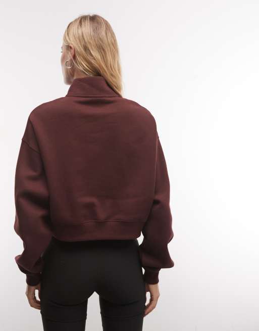 Nike Studio Fleece mid-weight quarter zip oversized cropped sweat in burgundy, 4 of 4