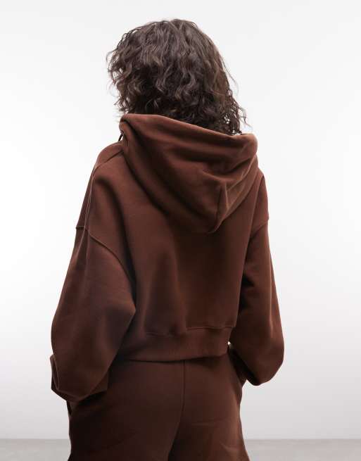Nike Studio fleece middelzware oversized cropped hoodie met rits in bruin, 4 van 4