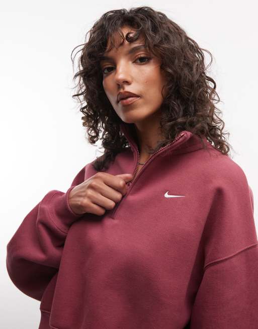 Nike Studio fleece middelzware oversized cropped sweat met kwartrits in roze, 3 van 4