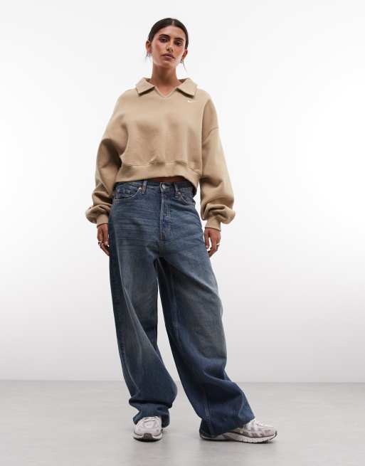 Nike Studio Fleece Oversized cropped polo shirt in beige, 2 of 4