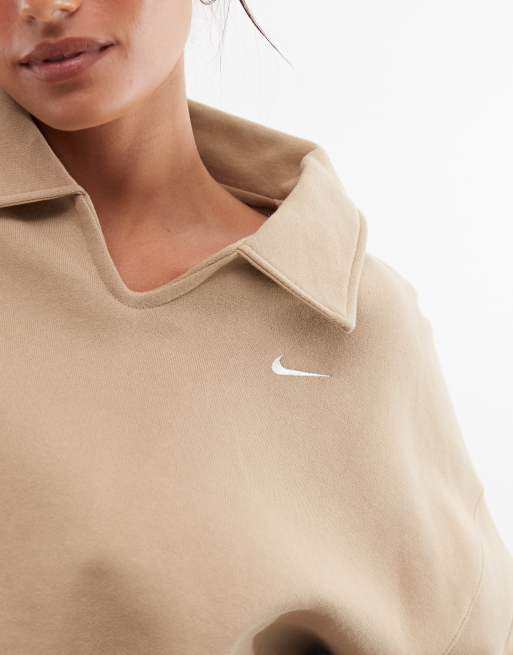 Nike Studio Fleece Oversized cropped polo shirt in khaki, 3 of 4