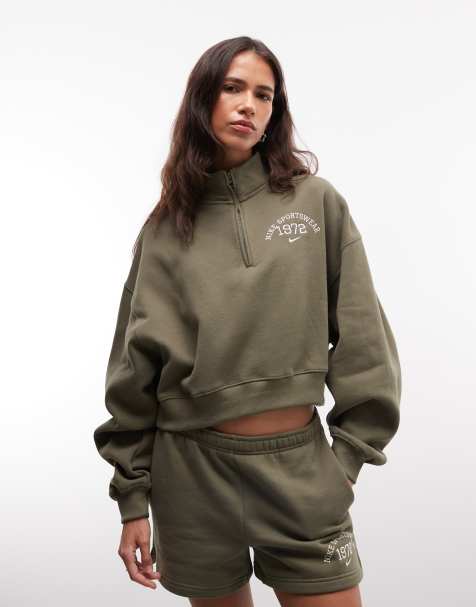 Nike Studio Fleece oversized varsity quarter zip in khaki