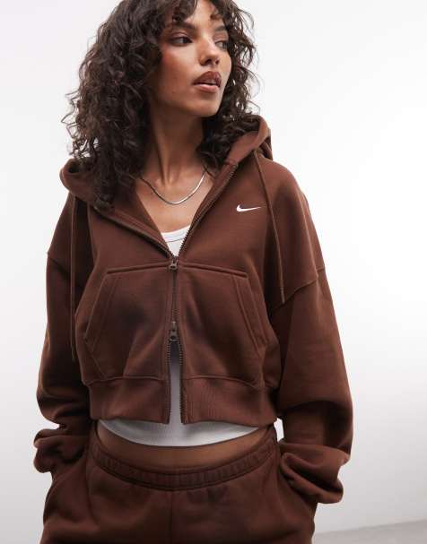 Nike Studio Fleece średniej grubości oversize krótka rozpinana bluza z kapturem w kolorze brązowym - view 1