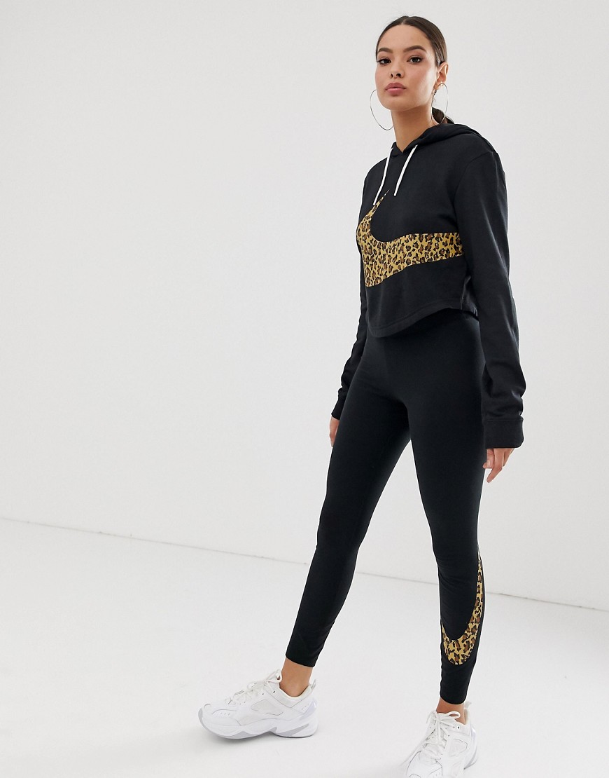Nike – Svart, leopardmönstrad oversize-huvtröja i kort modell med swoosh-logga