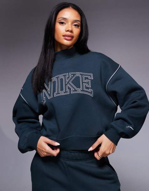Nike – Sweatshirt in Dunkelgrün mit Retro-Logo und Stehkragen - view 1