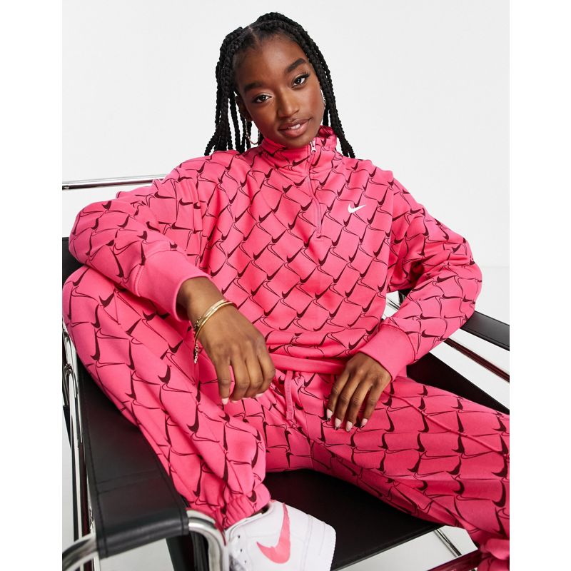 Nike – Sweatshirt in Wassermelonenrosa mit Reißverschluss am Ausschnitt und durchgehendem Swoosh-Print