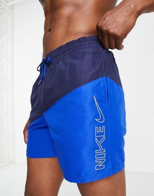 Nike Swimming 5 inch diagonal colour block swim shorts in navy and blue