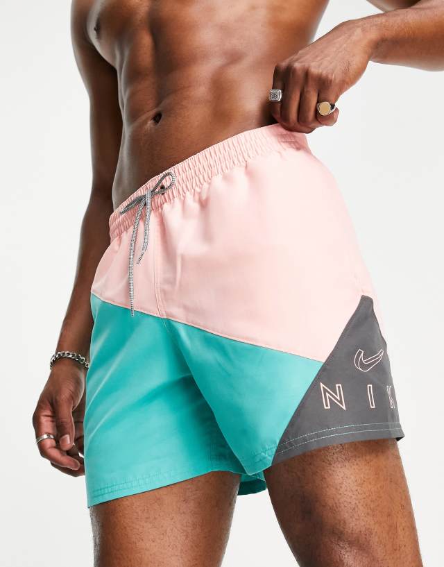 Nike Swimming 5 inch diagonal color block shorts in pink