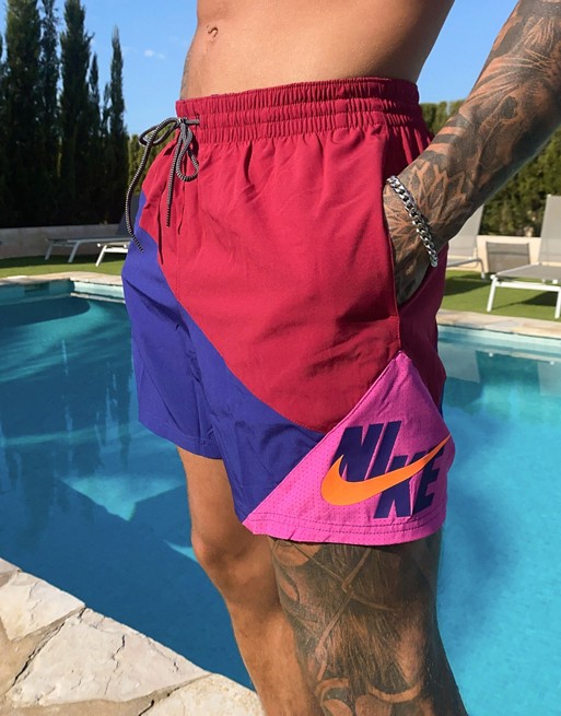 Nike Swimming 5inch retro colour block volley shorts in burgundy