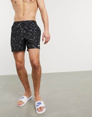 nike swimming 5inch volley shorts with all over swoosh print in black