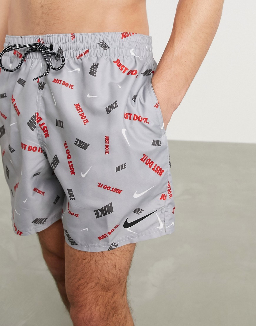 Nike Swimming 5inch volley shorts with all over swoosh print in grey
