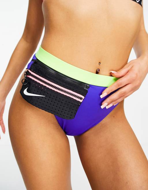 Nike Swimming Bas de bikini taille haute avec poche a fermeture eclair Vert et bleu ASOS