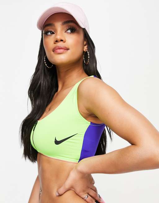 Nike Swimming – Bikinioberteil in Grün und Blau mit Reißverschluss vorne