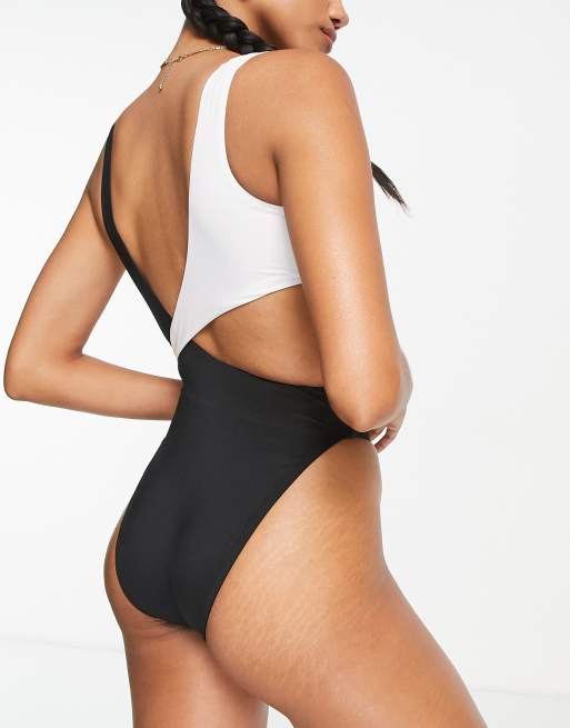Nike Swimming colourblock crossover one piece swimsuit in black and white, 2 of 4