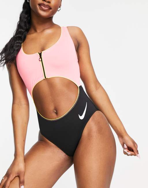 Fithut Nike Swimming zip front bikini top in pink and black