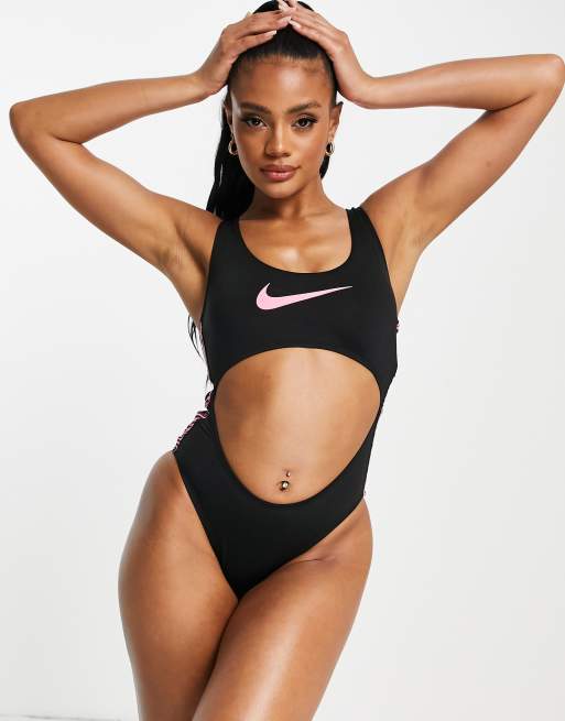 Nike Swimming - Costume cut-out con fascette con motivo animalier, colore nero