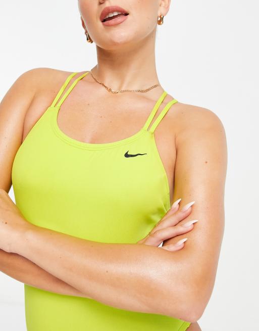 Nike Swimming cross over back swimsuit in lime green, 3 of 4