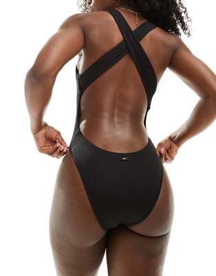 Nike Swimming Elevated Essentials crossback crinkle swimsuit in black φωτογραφία