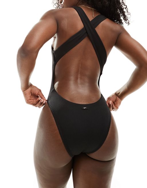 Nike Swimming Elevated Essentials crossback crinkle swimsuit in black